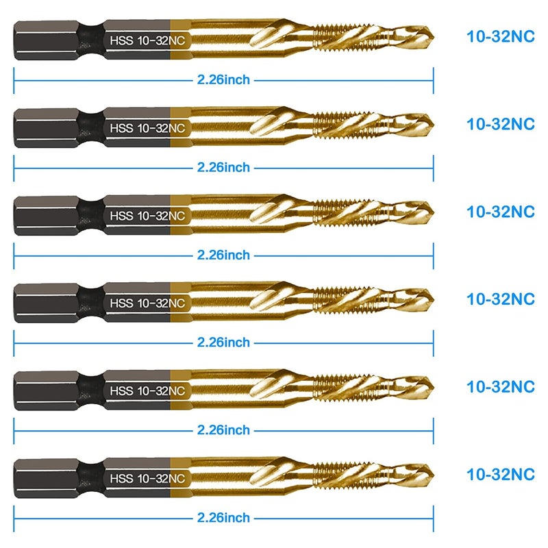 DKIBBITH 6-pc 10-32NC Combination Drill Tap Bit Set SAE, 10-32NC Thread Size, Titanium Coated High-Speed Steel, Ideal for Drilling Threading and Countersinking in Soft Metal Wood and Plastic, 1/4” Hex Shank - Image 3